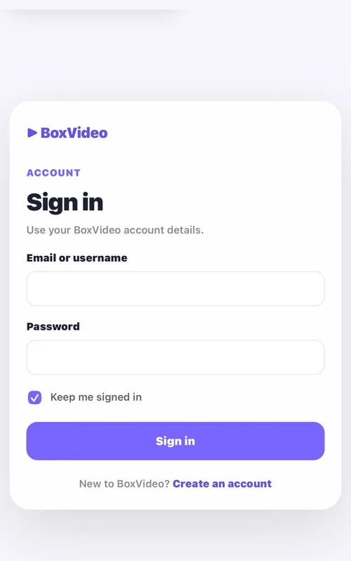 BoxVideo sign-in screen