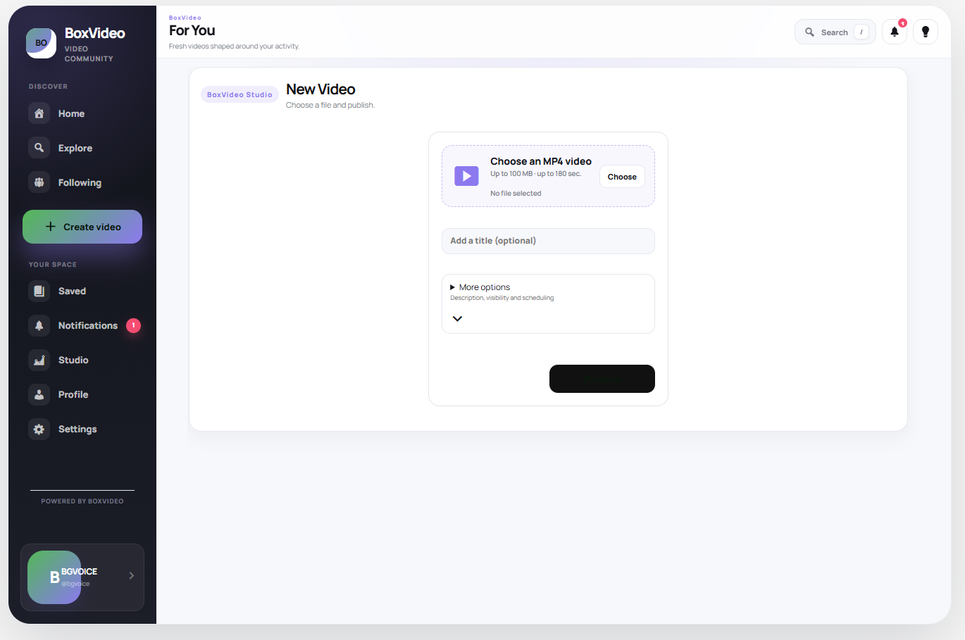 BoxVideo upload screen